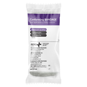 Clear wrapped roll of conforming bandage with a purple and white label printed easy application to body contours, premium quality, lightweight, non-sterile, white