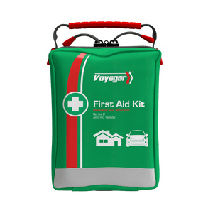 Green soft pack with a red stripe, a reflective panel and a red carry handle, printed First Aid Kit Series 2 with ARTG NO. 142658 and house and car icons