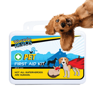 White plastic pet first aid case printed We can be AEROS with dog artwork and the line Not all superheroes are humans, photographed with a spaniel above it