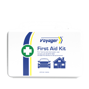 White weatherproof plastic case with a blue and yellow stripe, the Voyager mark, car and house icons, printed Complies with AS 2675-1983 and ARTG NO. 142658