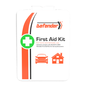 White metal case printed Defender First Aid Kit for home and domestic use, complies with AS 2675-1983, with car and house icons