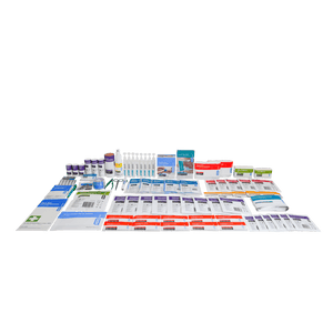 The food and beverage refill contents laid out in rows across several columns without a case