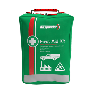 Green soft pack with a red stripe, a reflective panel and a red carry handle, the Responder mark