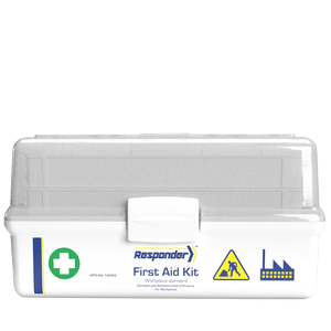 White tacklebox case with a clear hinged lid, the Responder mark, a green cross roundel and factory and worker icons