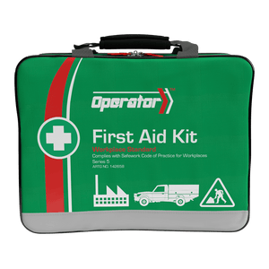 Green soft pack with a red stripe, a reflective panel and a carry handle, the Operator mark