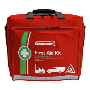 Large red soft pack with a black carry handle and shoulder strap, the Commander mark, a green cross roundel, printed Workplace Standard Series 6 with ute and factory icons