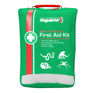 Green soft pack with a red stripe and a red carry handle, the Regulator mark, printed Snake and Spider Kit First Aid Kit with Tensor Indicator Bandage and ARTG NO. 142658, with snake and spider icons