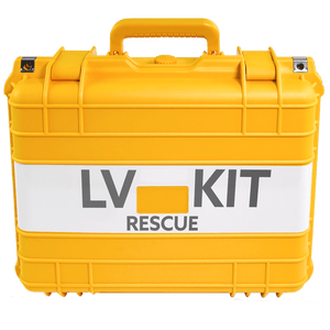 Yellow hard case with a moulded handle and side latches, printed LV KIT RESCUE in large lettering