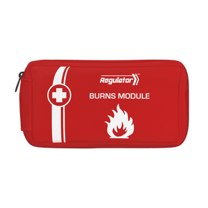 Red zipped module pouch with the Regulator mark and a flame icon, printed BURNS MODULE