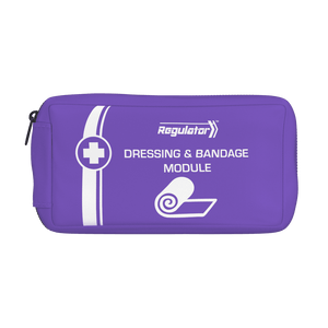 Purple zipped module pouch with the Regulator mark, a white cross roundel and a bandage roll icon, printed DRESSING AND BANDAGE MODULE