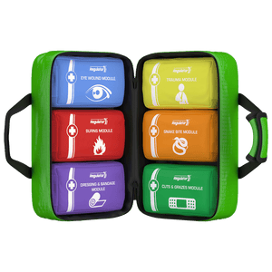 Green soft case opened flat to show six coloured modules held in place: eye wound, trauma, burns, snake bite, dressing and bandage, and cuts and grazes