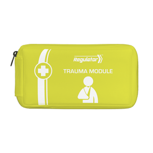 Yellow zipped module pouch with the Regulator mark, a white cross roundel and a casualty icon, printed TRAUMA MODULE