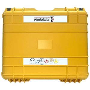 Yellow weatherproof hard case with the Modulator mark and a row of treatment icons on a white label