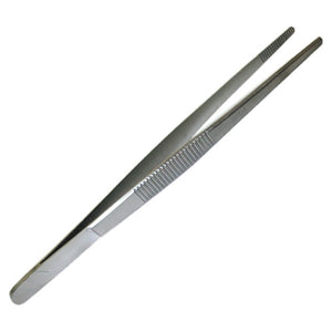 Stainless steel blunt ended forceps with serrated grips along the arms, shown closed on a plain background
