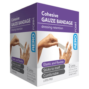 Purple and white AEROFORM box printed cohesive gauze bandage for dressing retention, listing elastic and flexible, sticks to itself and comfortable, marked 2 units