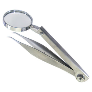 Stainless steel forceps with a round magnifying lens mounted on the arm above the tips