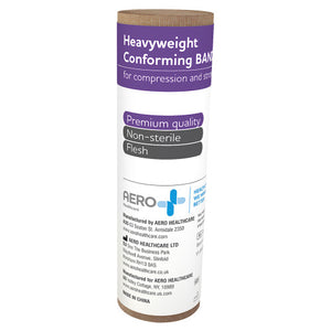 Roll of heavyweight conforming bandage with a purple and white label printed for compression and strong support, premium quality, non-sterile, flesh coloured