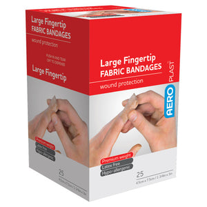 Red and white AEROPLAST box printed large fingertip fabric bandages, wound protection, listing premium weight, latex free and hypoallergenic, marked 25