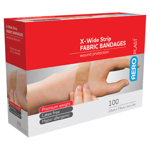 Red and white AEROPLAST box printed x-wide strip fabric bandages, wound protection, listing premium weight, latex free and hypoallergenic, marked 100
