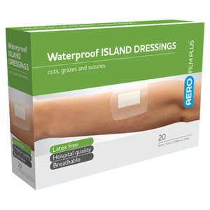 Green and white AEROFILM PLUS box printed waterproof island dressings for cuts, grazes and sutures, listing latex free, hospital quality and breathable, marked 20