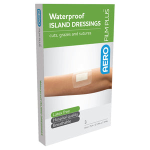 Green and white AEROFILM PLUS box printed waterproof island dressings for cuts, grazes and sutures, listing latex free, hospital quality and breathable, marked 3