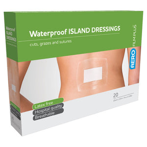 Green and white AEROFILM PLUS box printed waterproof island dressings for cuts, grazes and sutures, listing latex free, hospital quality and breathable, marked 20