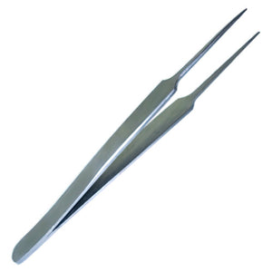 Stainless steel super fine forceps with long slender arms and very fine tips, shown closed