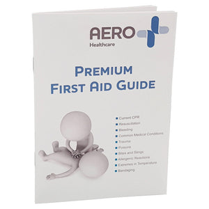 Aero Healthcare premium first aid guide booklet with a line illustration of a casualty on the cover and the contents listed down the right side