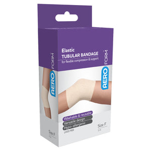 Purple and white AEROFORM box printed elastic tubular bandage for flexible compression and support, listing washable and reusable, versatile design and hypoallergenic, marked size F