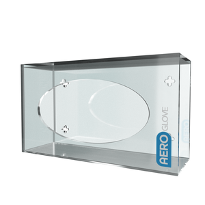 Clear acrylic single glove box wall dispenser with an oval dispensing aperture and the AEROGLOVE mark