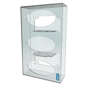 Clear acrylic wall dispenser with three stacked compartments for glove boxes