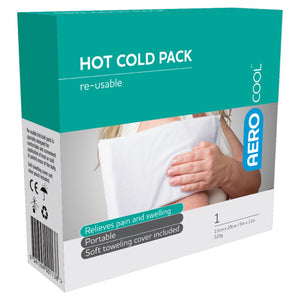 Teal and white AEROCOOL box printed hot cold pack, re-usable, listing relieves pain and swelling, portable and soft towelling cover included