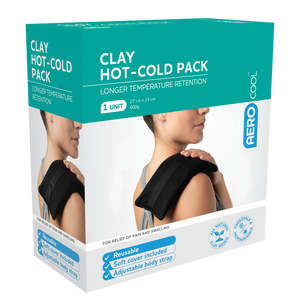 Teal and white AEROCOOL box printed Clay Hot-Cold Pack, longer temperature retention, reusable, soft cover included and adjustable body strap, marked 1 unit