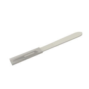 Disposable scalpel with its blade sheathed in a plastic guard, shown lying flat
