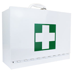 White metal wall cabinet with a large green cross on the door and a hinged drop-front latch