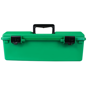 Green plastic tacklebox with a black carry handle and two black latches, shown closed