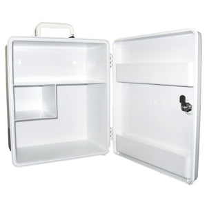 White plastic first aid cabinet standing open, showing the moulded internal compartments, the door tray and the key latch