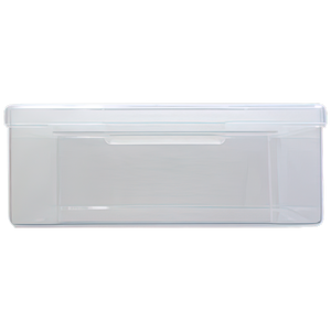 Clear plastic case with a hinged lid and a moulded lip, shown closed on a plain background