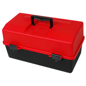 Red and black plastic tacklebox with a moulded carry handle and two black latches, shown closed in the larger size