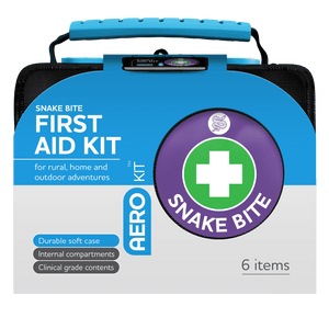 Black soft case with a blue moulded handle, printed SNAKE BITE FIRST AID KIT for rural, home and outdoor adventures, 6 items