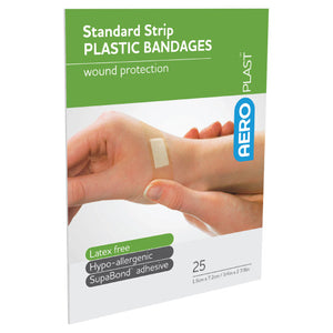 Green and white AEROPLAST box printed standard strip plastic bandages, wound protection, listing latex free, hypoallergenic and SupaBond adhesive, marked 25
