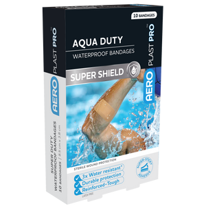 Black, white and blue AEROPLAST PRO box printed Aqua Duty waterproof bandages and Super Shield, listing water resistant, durable protection and reinforced tough, marked 10 bandages