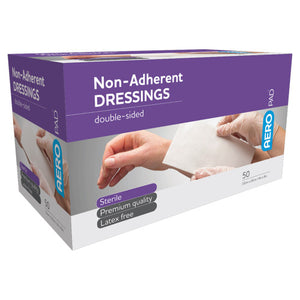 Purple AERO PAD box of double-sided non-adherent dressings printed sterile, premium quality and latex free, marked 50