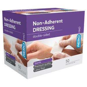 Purple and white AEROPAD box printed non-adherent dressing, double-sided, listing sterile, premium quality and latex free, marked 50