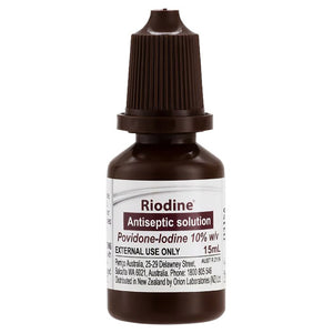Dark brown 15ml dropper bottle with a brown cap, labelled Riodine antiseptic solution, povidone-iodine 10 percent, for external use only