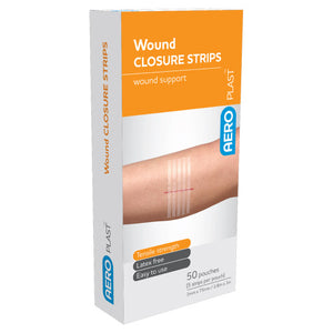 Orange and white AEROPLAST box printed wound closure strips, wound support, listing latex free and easy to use, marked 50 pouches