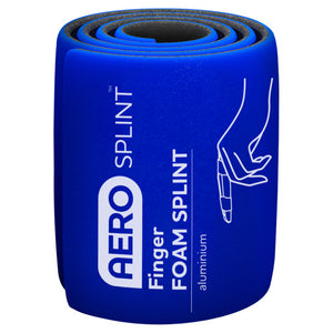 Blue AERO SPLINT finger foam splint rolled up, printed foam splint with an aluminium core and an illustration of it in use