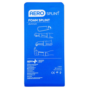 Blue AERO SPLINT card printed foam splint, aluminium, with illustrations showing the splint moulded around a limb