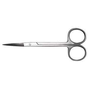 Stainless steel scissors with sharp pointed blades and plain ring handles, shown open