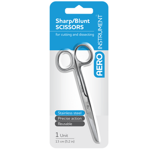 Blue and white AERO INSTRUMENT blister card holding stainless steel sharp blunt scissors, printed for cutting and dissecting, precise action and reusable, marked 1 unit and 13 cm